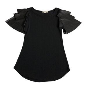 Vintage Beware Top Juniors M Black Faux Leather Tiered Sleeve Mall Goth 90s Y2K